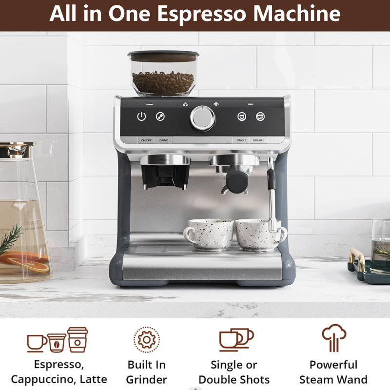 Espresso Coffee Machine With Grinder, Pid Temperature Control, Grey