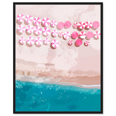 Glam Summer Ocean Coastal Blue " Beach Front Umbrella Pink, Glam Summer Ocean Coastal Blue " Painting Print