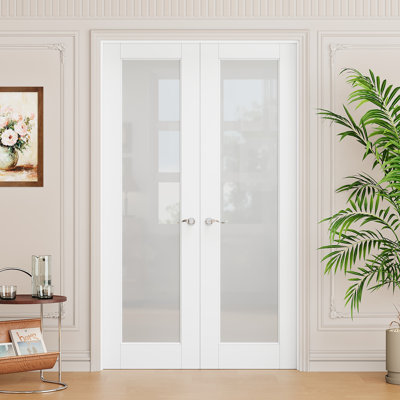 Interior 1-Lite Frosted Glass Door, CARB P2 MDF & SGCC Tempered Glass French Doors, Satin Nickel Hardware-Privacy Door Lever with Lock, Latch & Hinges, Pre‑Finished & Waterproof, Pantry, Bedroom, Bathroom & Closet, Easy DIY Stain, 36"x 80"