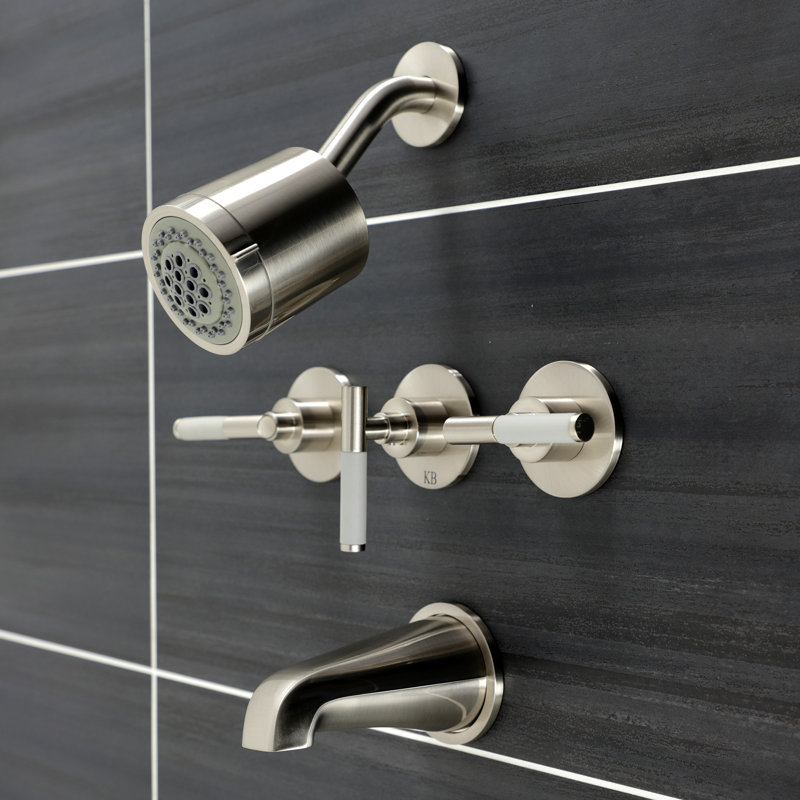 Kingston Brass Kaiser Triple-Handle Tub and Shower Faucet, Brushed Nickel