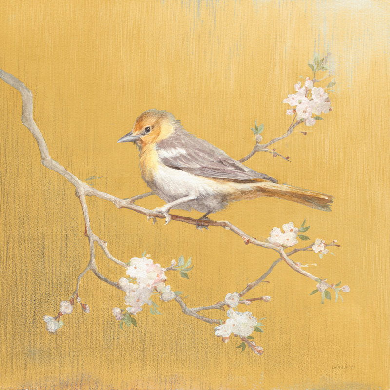 Oriole sur or, sur branche, oiseau sur branche, jaune, oriole du nord, blanc, H 26 po x l 50 po x P 1,5 po