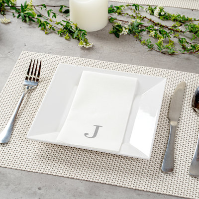 Restaurantware Paper Napkins Pack of 2000 Silver Letter J Linen-Feel Disposable Guest Towels 15.75 x 7.87 Inches, Elegant Airlaid Silver Printed Design White Napkins with Monogram for Events