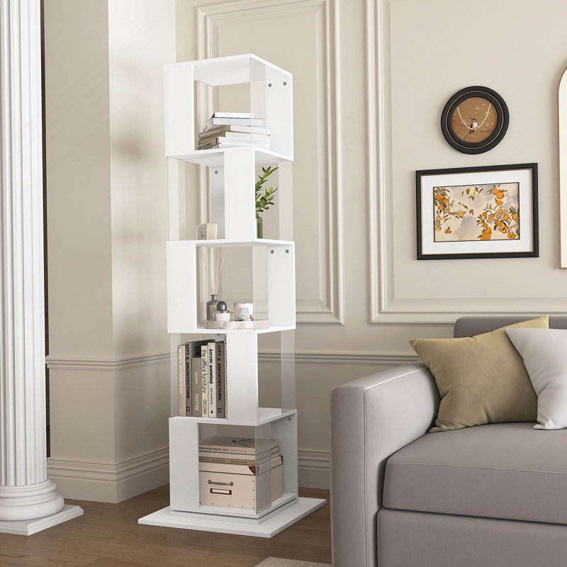Bibliothèque rotative à 5 niveaux, support de plancher avec plaque en acrylique et base anti-arrachement, White