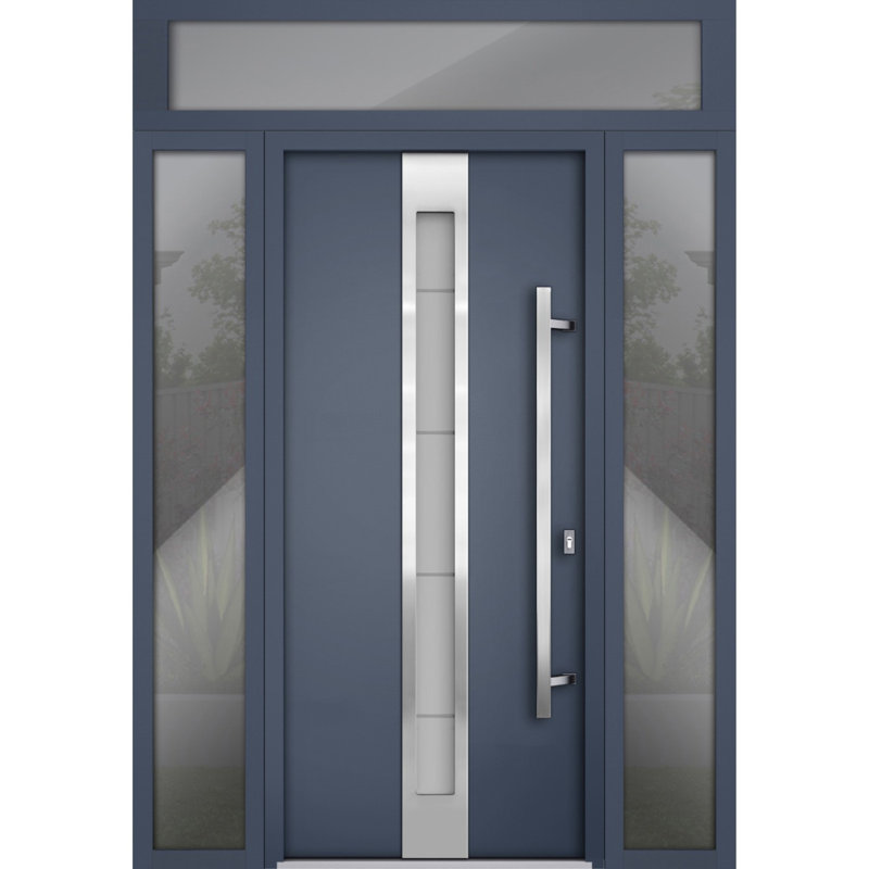 Porte avant en acier pré-suspendue à l'avant / deux graphites gris 1717/2 fenêtres extérieures latérales et supérieures / inserts en acier inoxydable peints simples modernes - l 16 + 36 + 16 po x H 80 + 16 po - Gauche