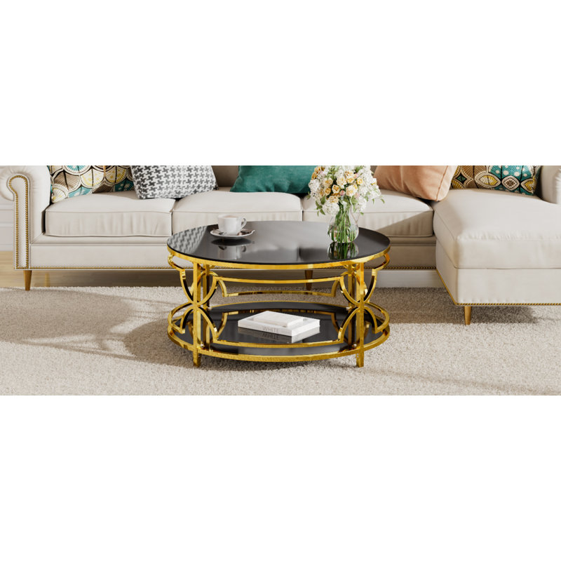 Table basse ronde en verre trempé de 30,7 po, structure en métal géométrique luxueuse, finition dorée et tablette inférieure, noir