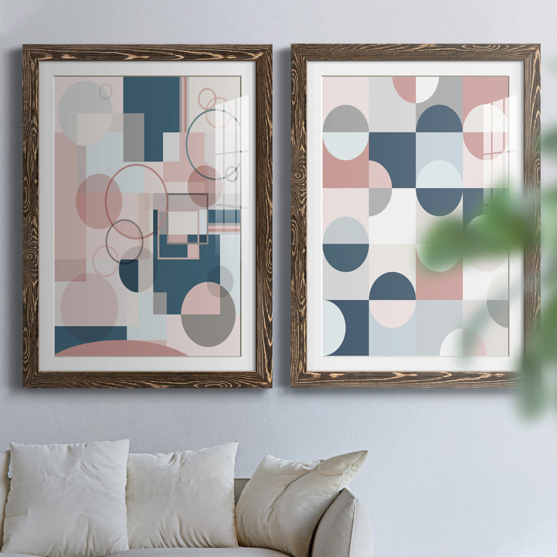 Modern Geo - ensemble de 2 peintures, Papier, cadre noyer, H 44 po x l 31 po x P 1 po