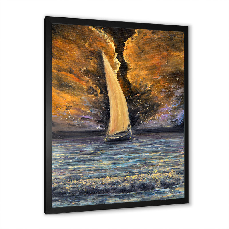 Sailship on the Ocean at Dawn - Peinture sur toile, H 32 po x l 16 po x P 1 po, Cadre photo noir