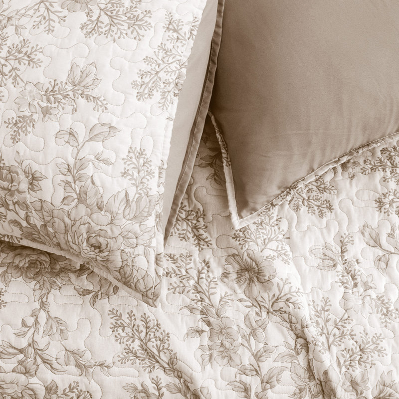 Wonderful Floral Quilt Set 3 Piece, Cotton Blend Bedding-100% Cotton Front, Full/Queen + 2 Standard Shams, Taupe