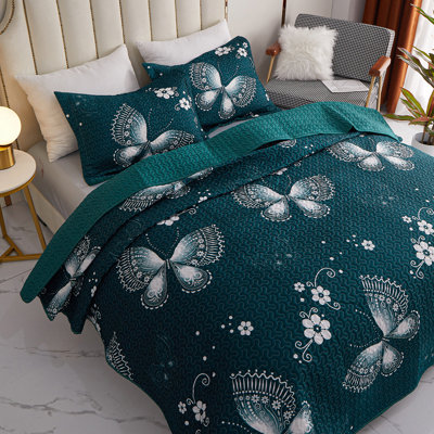 Butterfly Quilt Set - Lightweight Soft Butterfly Bedspread for Bedroom Decor (Green)