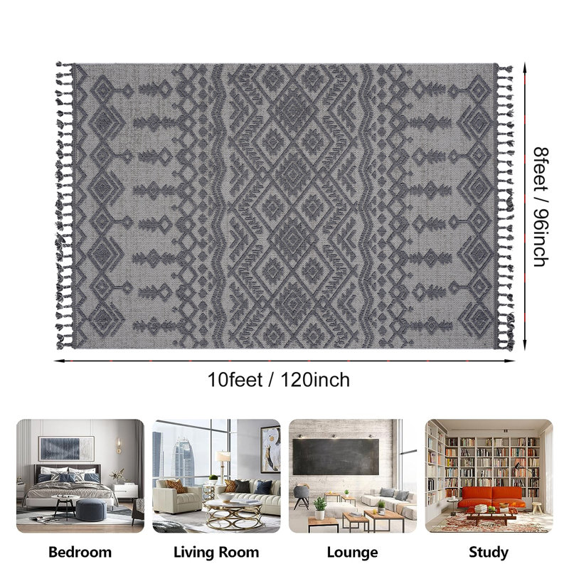 Comfy Area Rug 8' x 10', Grey Woven Cotton Bedroom Rugs, Modern Indoor Accent Rug Floor Carpet with Tassel for Living Room, Nursery Room, Dining Room, Bedside, Office, Patio Decor