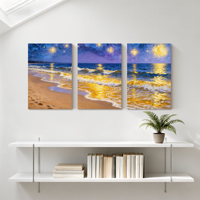 «Abstract Starlit Night Ocean Waves», ensemble de 3 reproductions d'art sur toile, H 18 po x l 36 po