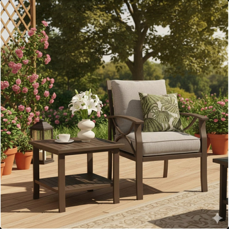 19" Square Brown Metal Outdoor Side Table, 2-Tier All-Weather Patio End Table, Brown