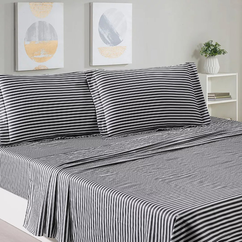 100% Cotton Twill Striped Sheet Set, Full XL Sheet Set + 1 Fitted Sheet + 2 Pillowcases
