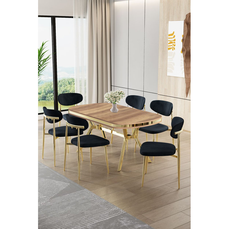 Ensemble de table et chaises de salle à manger (7 pièces), 7 Pieces: Table, 6 Chairs, Anthracite, Oak/Gold