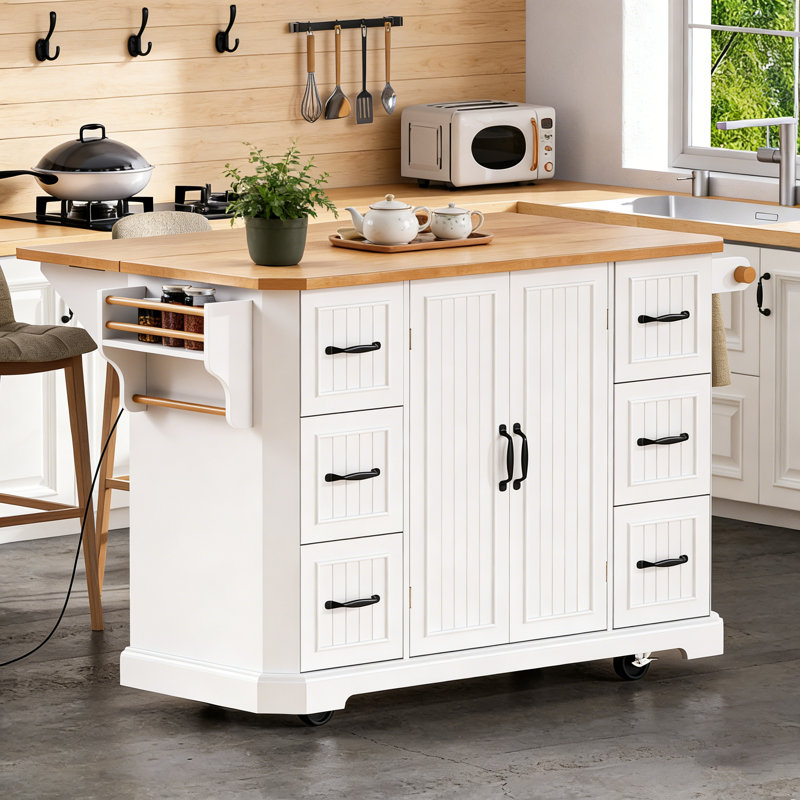 56-Inch Rolling Kitchen Island with Drop Leaf, Power Outlet, 6 Drawers, and Embossed Vertical Stripe Barn Doors for Flexible Storage and Workspace.