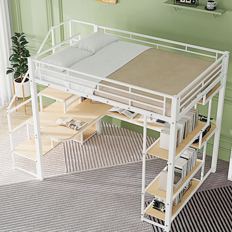 Lit mezzanine double en métal avec escalier de rangement et petite armoire