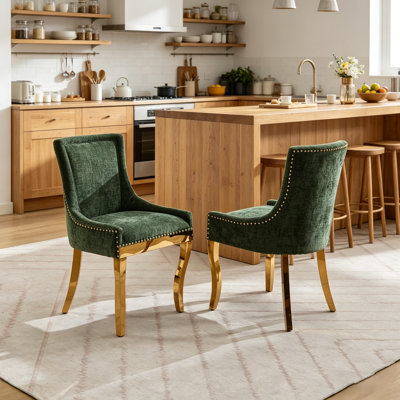 Chaises de salle à manger en chenille de style moderne avec pieds courbés plaqués or et garniture de rivets, confort rembourré pour la salle à manger / salon, sièges d'appoint avec tissu texturé et structure une pièce, vert, ensemble de 2
