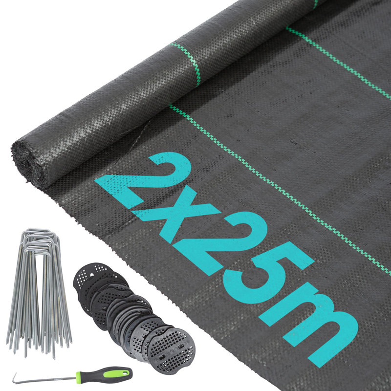 Harbour Housewares 110gsm Weed Control Membrane Set with Pegs & Plates (1 Roll), 19cm H x 200cm W x 2500cm D