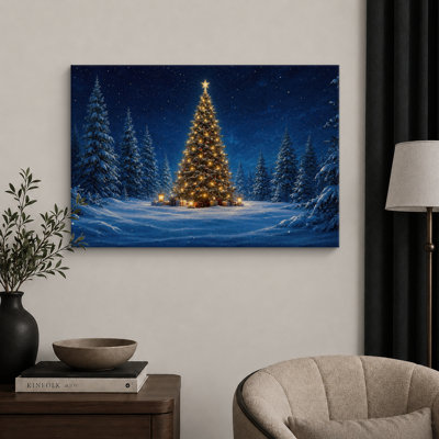 Christmas Tree Snowy Forest Night Artwork, Living Room Pictures, Framed Canvas Giclee Print Wall Art