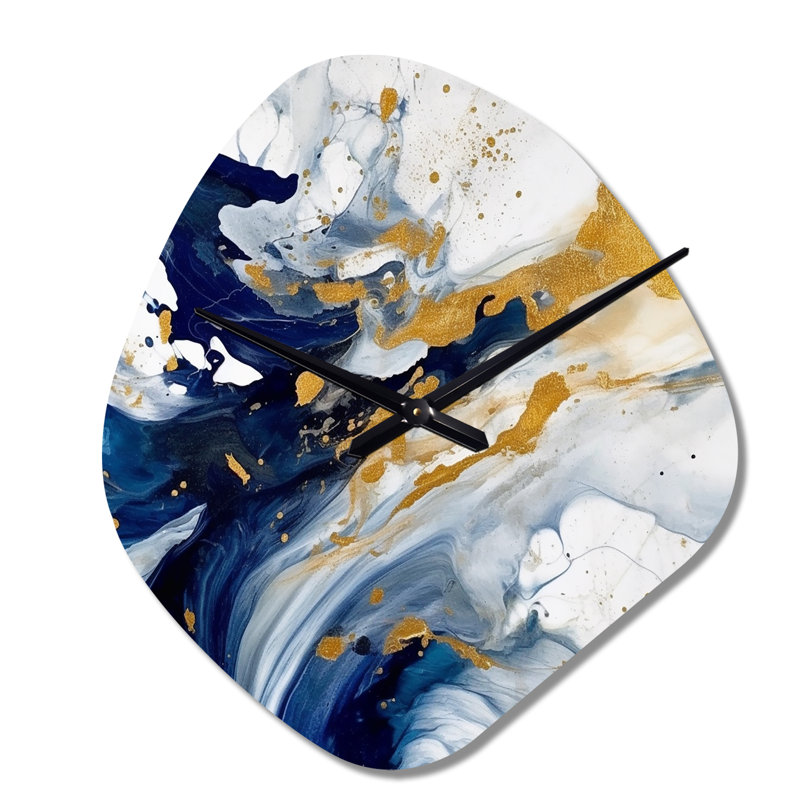 Horloge murale en métal bleu foncé et doré à motif unique XXV - fractales, impression d'horloge murale asymétrique moderne