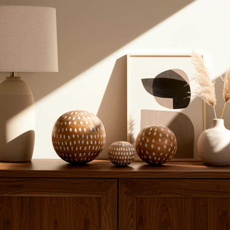 Davy Set of 3 Decorative Orbs - Contemporary Rustic Brown Wooden Round Orb Decor - Home or Office Table Accent Decoration - Home Gift Idea