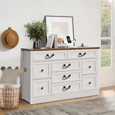 Commode 9 tiroirs, commode cannelée avec rangement en métal et rangement en bois massif pour la chambre à coucher et le salon