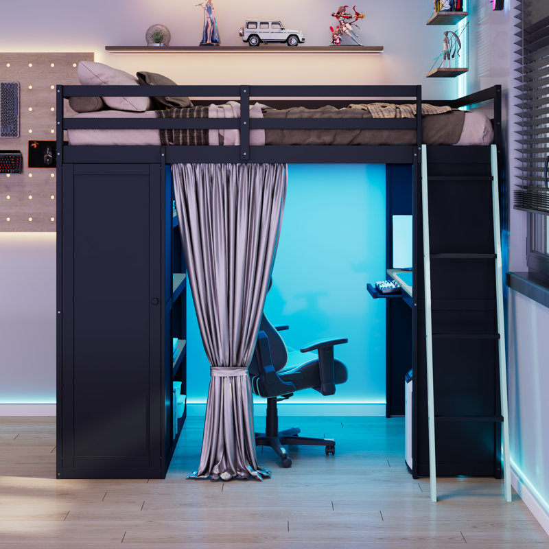 Lit mezzanine pleine grandeur avec garde-robe, tablettes de rangement, rideaux occultants et lumières RVB, lit en bois pour enfants peu encombrant, noir et bleu