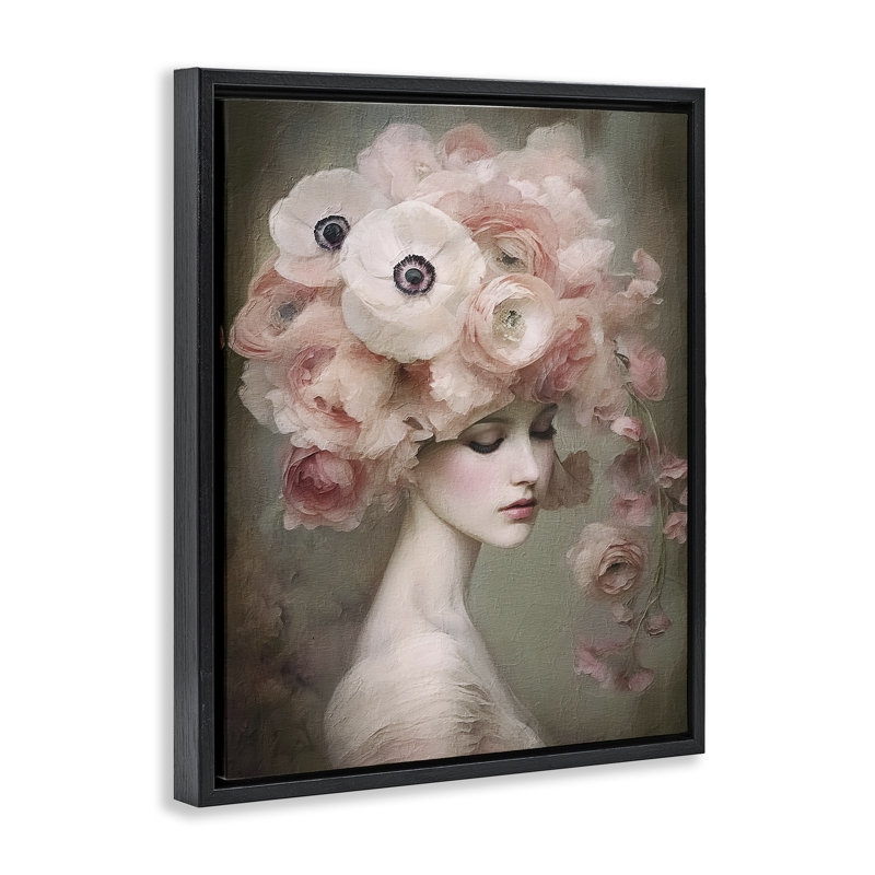 «Woman & Blush Florals», art mural encadré par RileyB, Cadre flottant noir de jais, H 31 po x l 25 po
