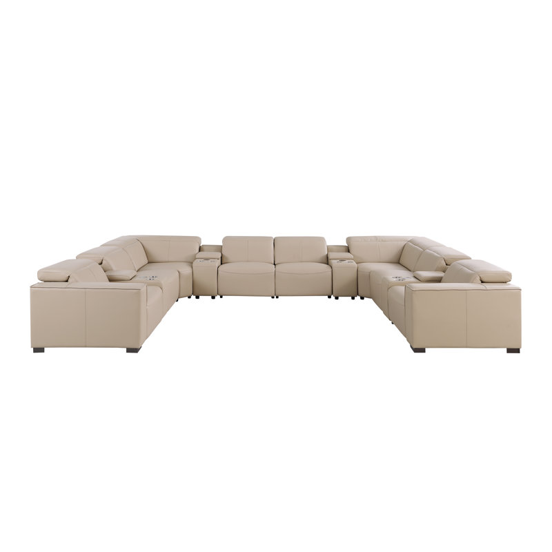 Glendale Luxurious 12-Piece U-Sectional In Genuine Leather With 4 Power Recliners And Power Headrests, Beige
