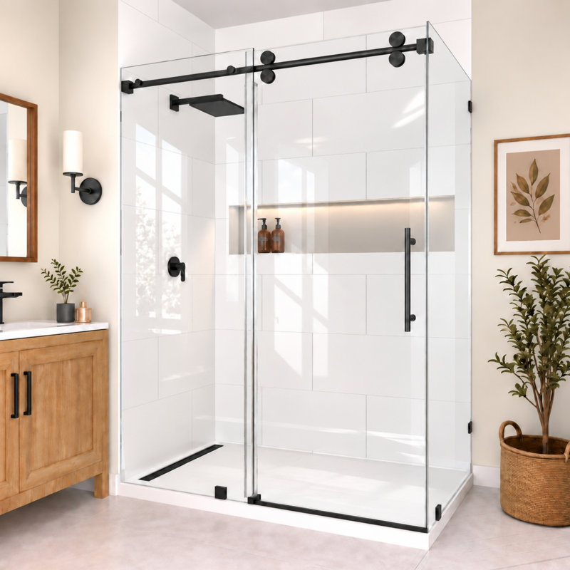 Cabine de douche d'angle coulissante RadianceRP sans cadre en verre transparent, 142-152 cm L x 91 cm P x 193 cm H, Noir mat