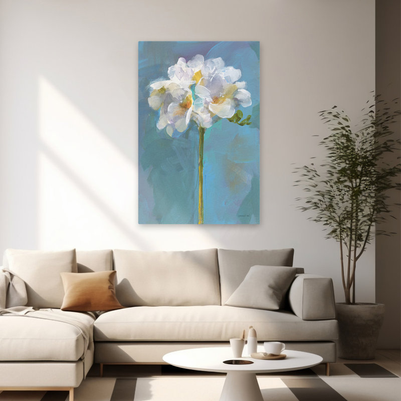 Art floral turquoise et bleu, H 60 po x l 40 po