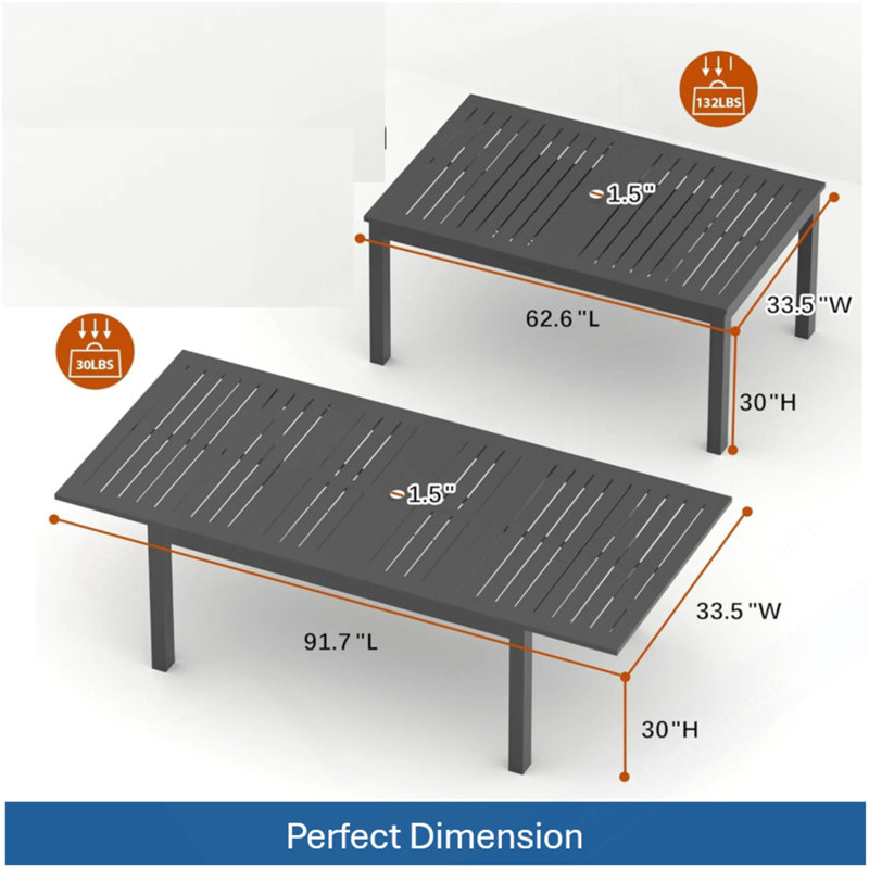 Table de salle à manger d'extérieur en aluminium 63 "à 92", table de patio grise toutes saisons