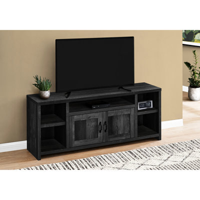 Meuble télé 60 po, console pour média, meuble audio-vidéo avec rangement, stratifié noir, pouvant accueillir des téléviseurs de 80 à 89 po, meuble télé de style transitionnel pour chambre à coucher et salon, stratifié pour chambre à coucher, moderne