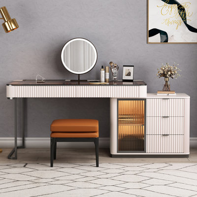 High-quality Makeup Vanity Set,L-Shaped Executive Desk,Power Outlet, Glass Top,Very easy to assemble,Includes vanity stool by 17 Stories