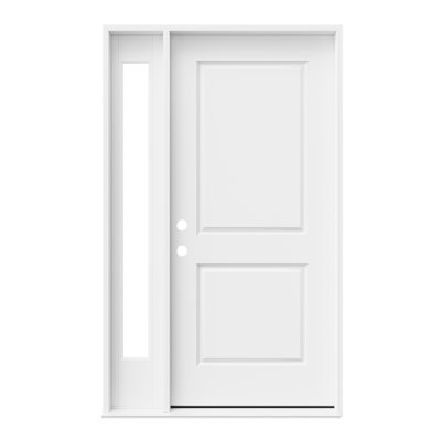 Porte d'entrée extérieure extérieure en fibre de verre 36 po x 80 po, apprêtée blanche, porte prémontée à 2 panneaux, imposte latérale fixe blanche, porte vitrée claire à 1 carreau avec chambranle, ouverture vers l'intérieur à droite (quincaillerie non incluse)