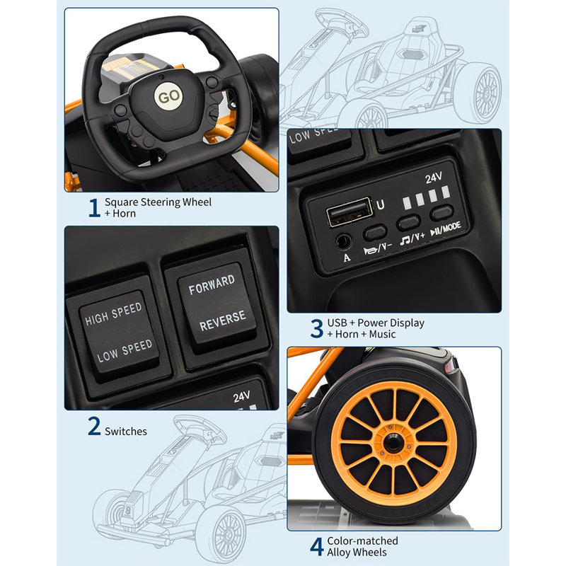 Kart électrique 24 V pour enfants, voiture de course à la dérive de 8 MPH, pour les enfants de 8 ans et plus, Orange