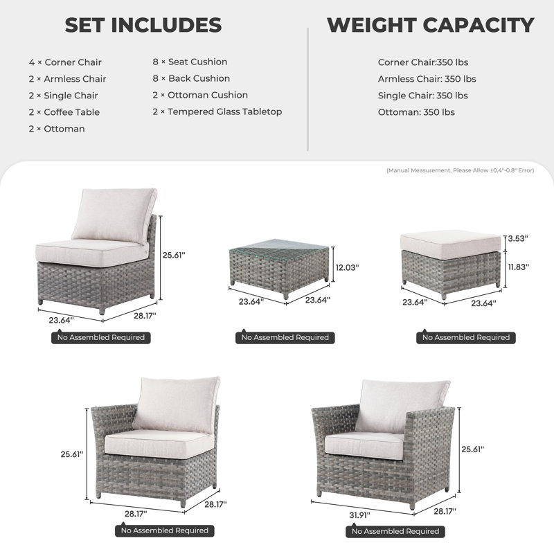 Cassville 8 - Person No Assembly Required Outdoor Conversation Set, Patio Wicker Sectional Seating Group with Cushions, All Weather Sofa Set with Optional Fire Pit Table for Garden Backyard