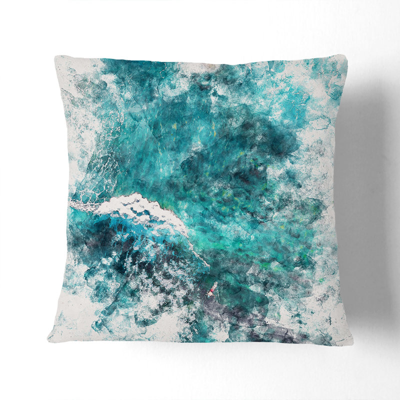 Surfing Waves Watercolour Cushion with Filling, 55cm H x 55cm W x 20cm D, Stone