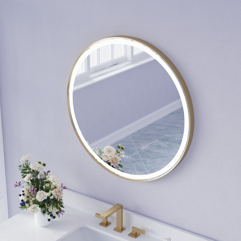 Lainy  Wall Mounted Bathroom Framed LED Mirror With Memory Function, 32" x 32", Brushed Gold