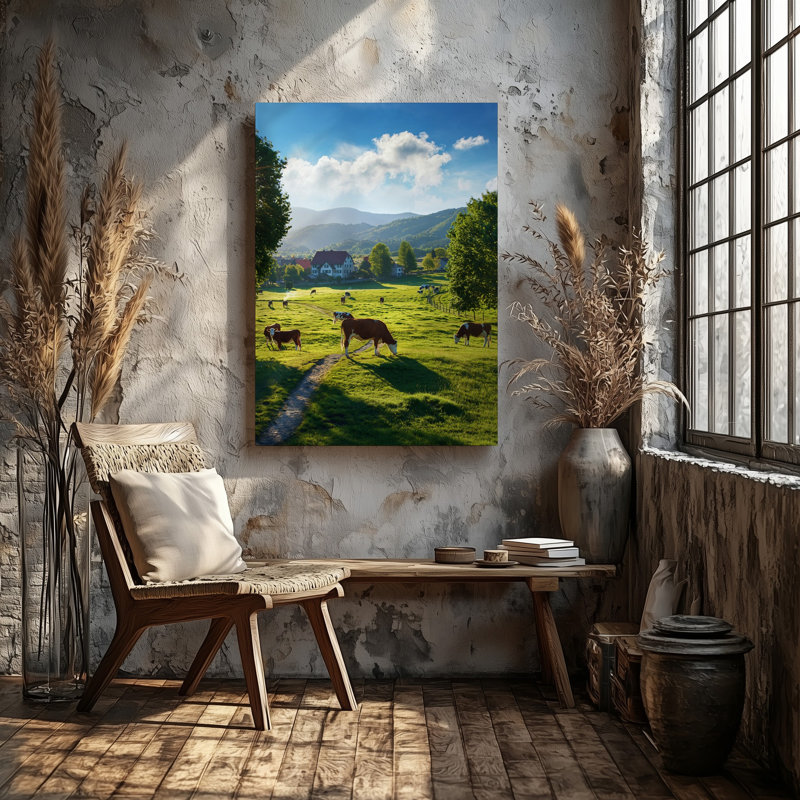 Toile, scène pastorale sereine représentant un art luxuriant parsemé de vaches brunes et blanches, H 12 po x l 9 po