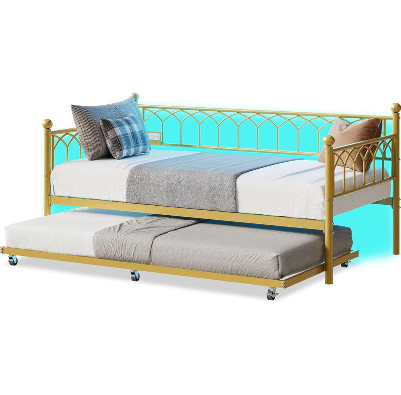 Twin Daybed With Trundle, Day Bed With Charging Station & LED Lights, Metal Sofa Bed Frame With Pull Out Trundle For Living Room, Bedroom, Apartment And Small Spaces, Gold