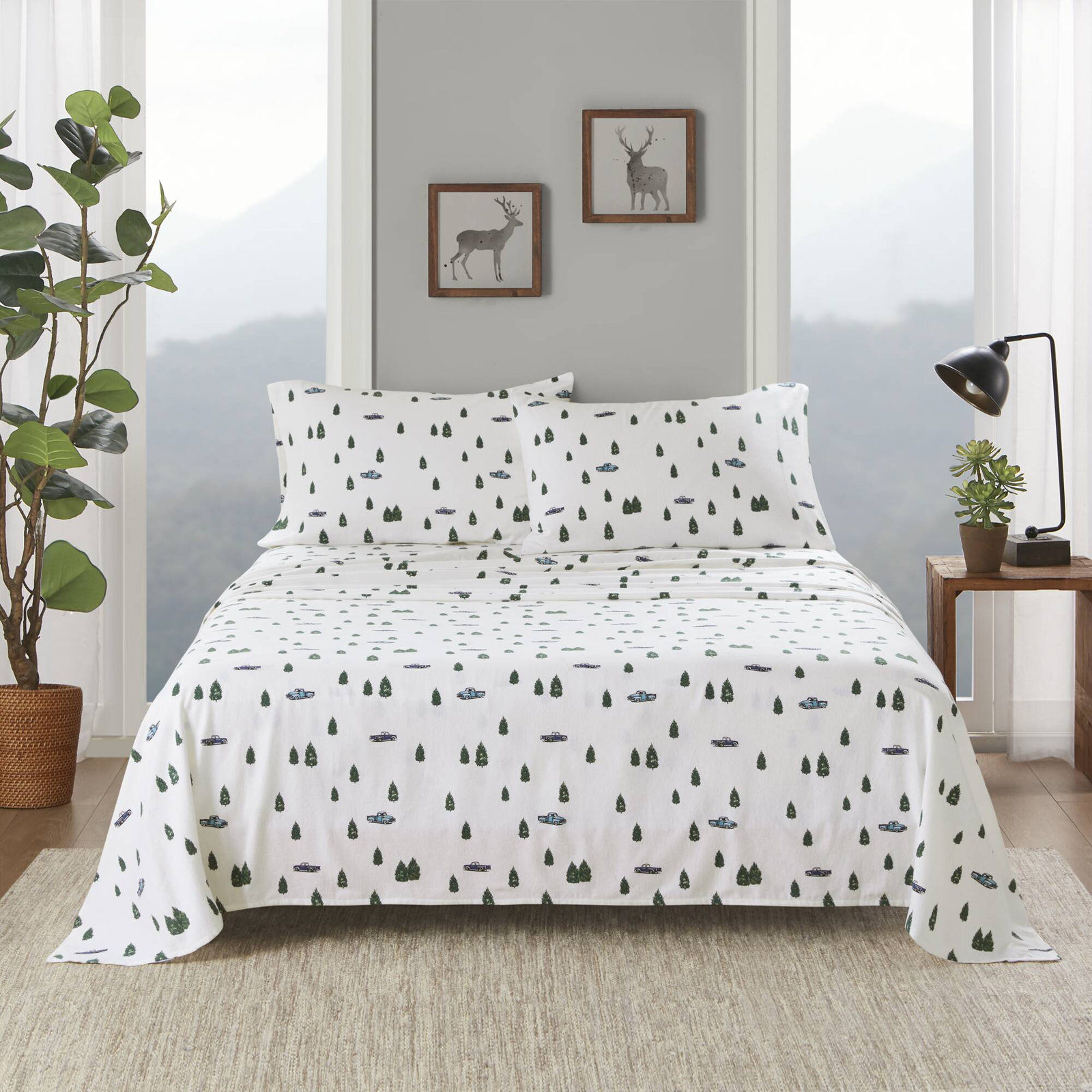 Woolrich 100% Cotton Flannel Sheet Set, Queen Sheet Set with 2 Pillowcases, Green/Blue Car&Tree