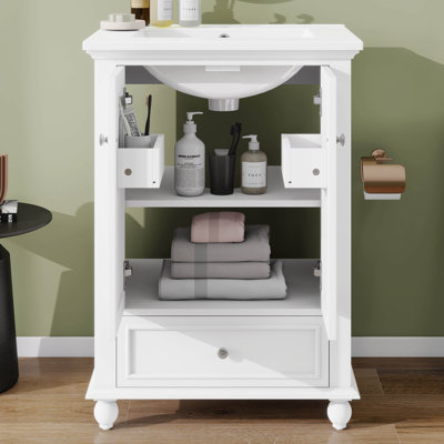 Ensemble de meuble-lavabo 24 po avec lavabo en céramique, armoire de rangement à porte à fermeture en douceur et tiroir avec séparateurs