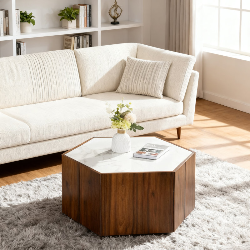 Coffee Table with 2 Hidden Drawers, White Top/Walnut Base