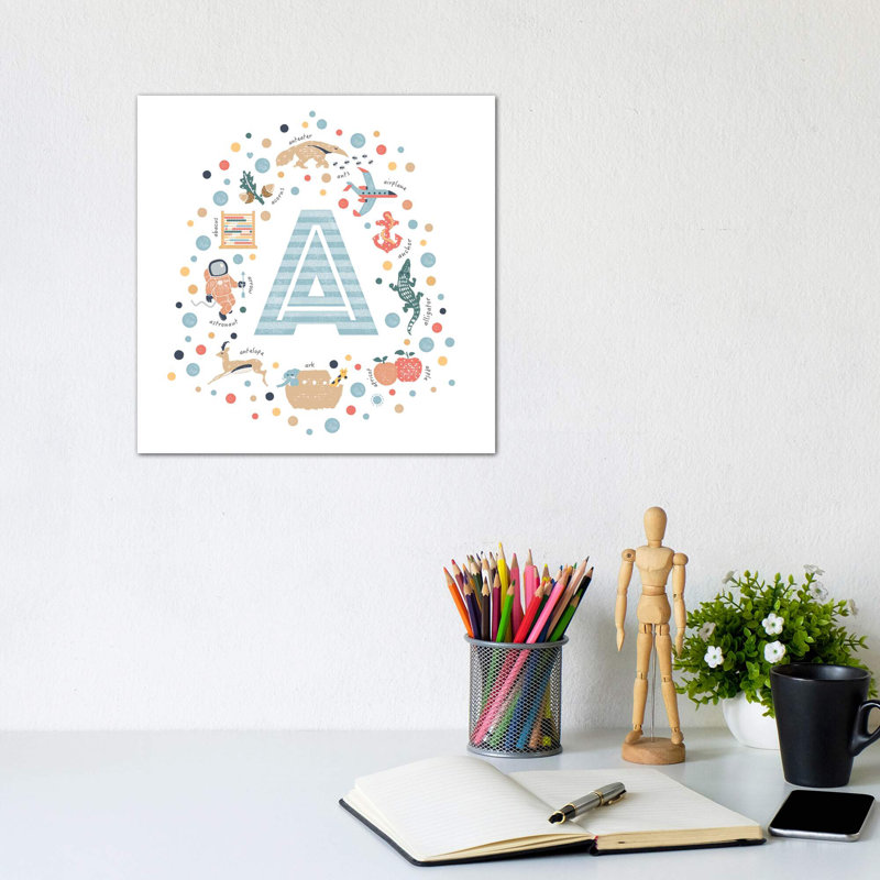Lettre illustrée A bleue - impression, Toile tendue, Pas de tapis, H 12 po x l 12 po x P 1,5 po