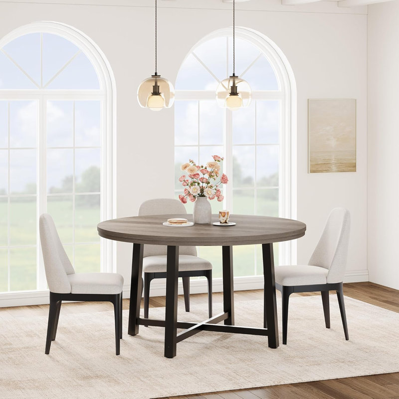 47" Round Dining Table, Industrial Dinner Table for 4 to 6, Wooden Kitchen Table with Sturdy Metal Frame