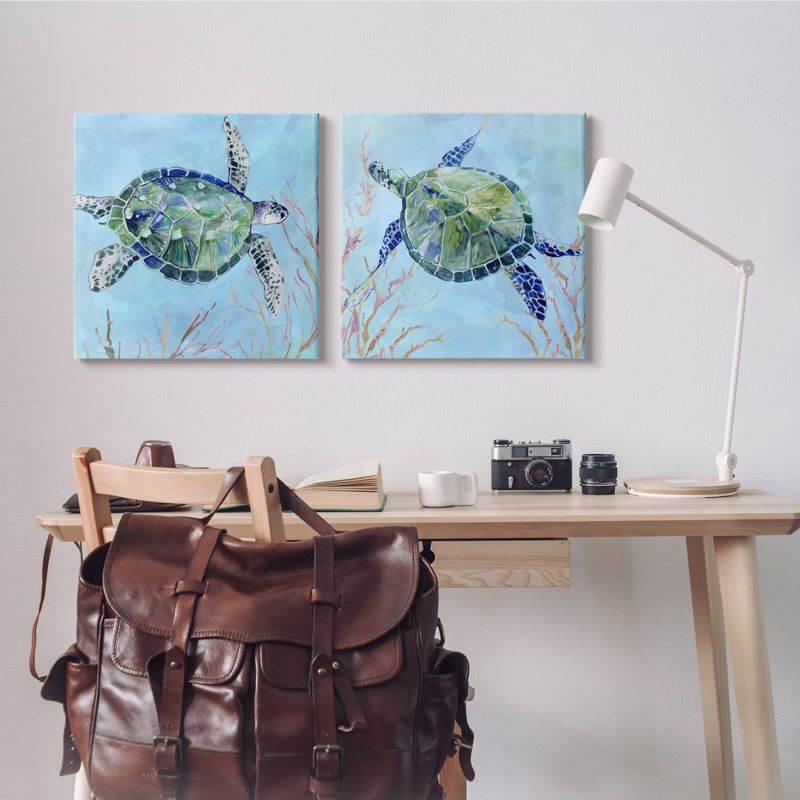 «Abstract Blue Green Sea Turtles Deep Sea Coral» par Carol Robinson - ensemble de 2 impressions d'art graphique, Toile tendue