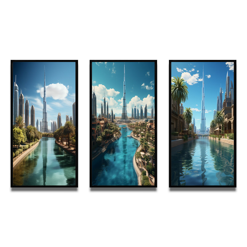 "La ville de Montréal", 3 pièces sur toile, Cadre noir, H 20 po x l 36 po