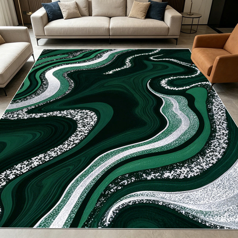 1PC Dark Green Silver Glitter Fluid Marbled Swirl Agate area rugs for Living Room, Soft, All seasons, Easy-maintain, Washable Indoor mat, Farmhouse suitable for for dining room, bedroom, entryway...