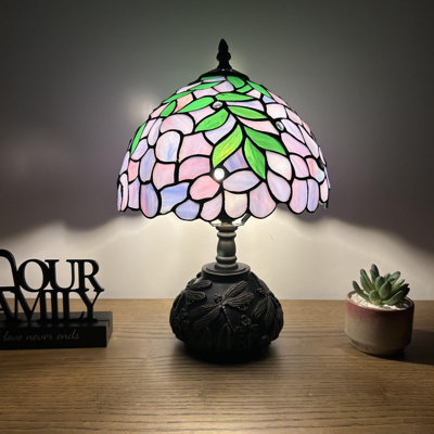 Lampe de table Haruko en verre teinté bleu avec feuilles vertes et base de libellule avec ampoule DEL incluse H 14 po x l 10 po